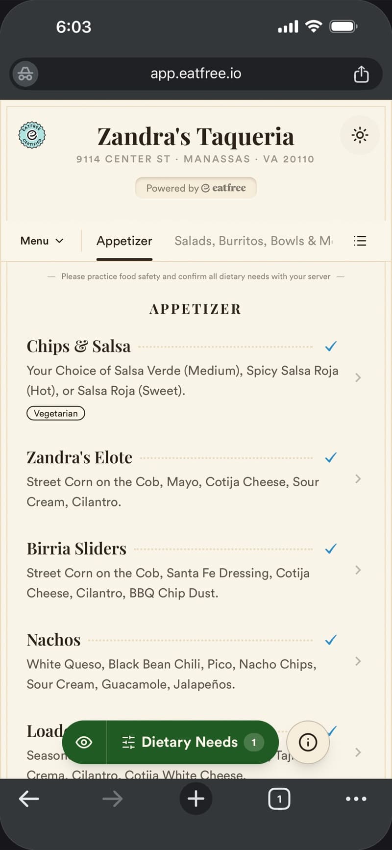 A menu with safe dishes checked
